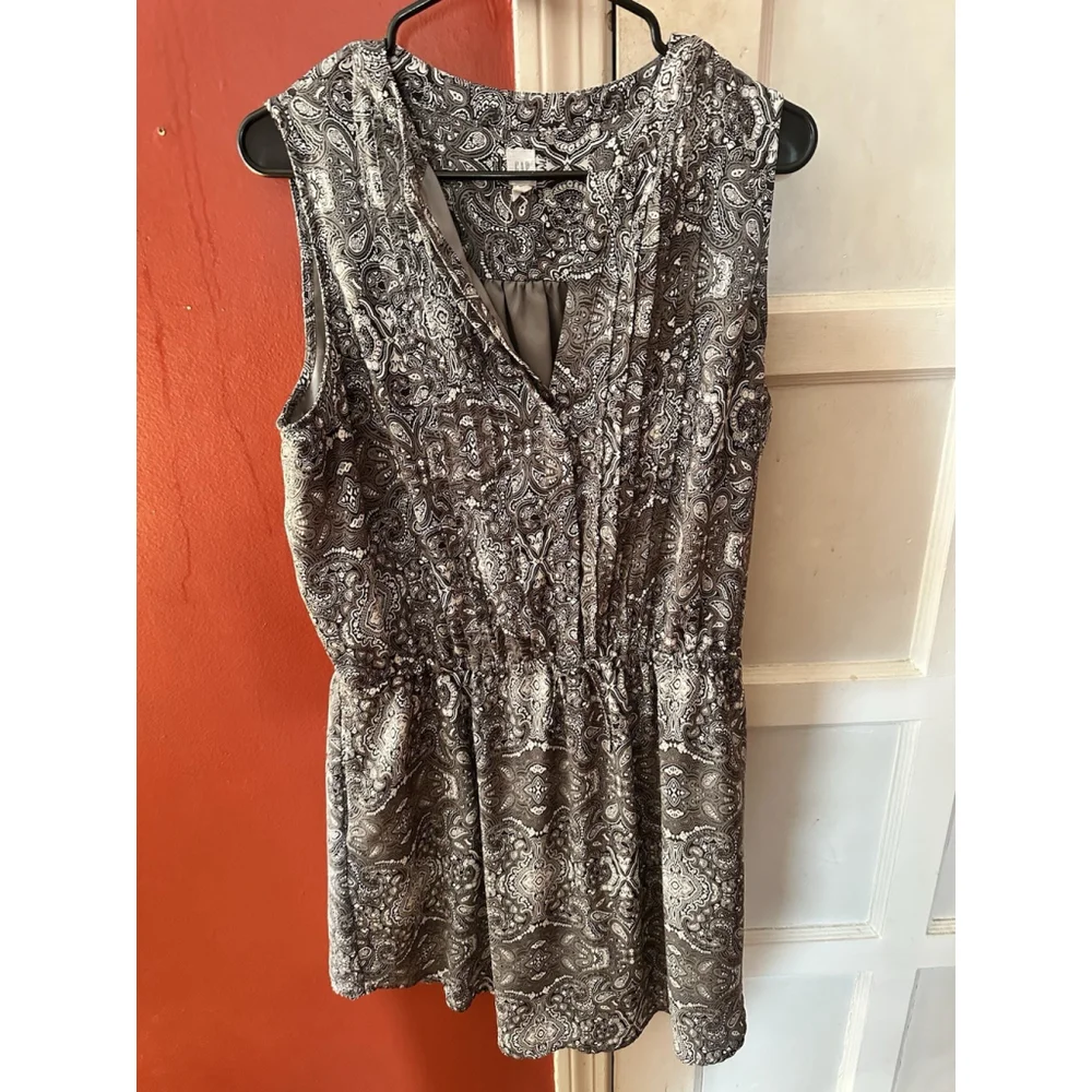 GAP Women's Printed Shirt Dress L Grey Drawstring Waist Pintuck Pleat Sleeveless - Picture 8 of 12
